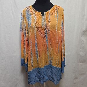Julia Kim Sheer Tunic Top Womens XL Beaded Tie Dye Colorful Art To Wear Vtg Y2k